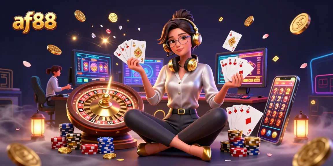 Engage with af88's slot games illustrated in a vibrant digital scene with dynamic casino elements.
