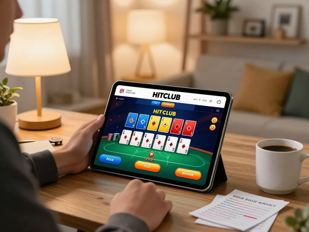 Engaging with the HITCLUB web app for interactive poker gaming at home with warm lighting.