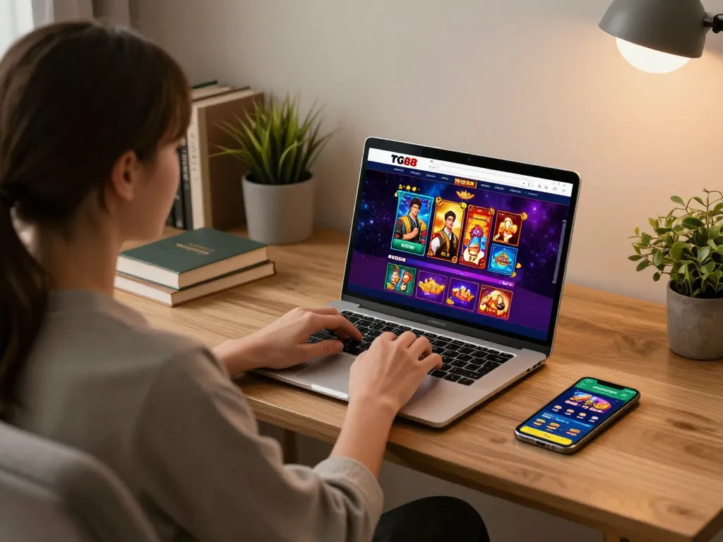 Tg88 player focused on online casino gaming at home with laptop and betting app