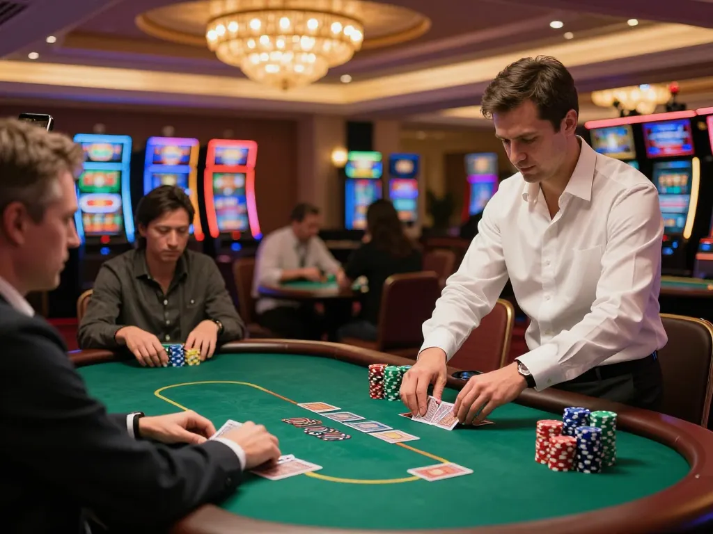 Experience the thrill of high-stakes poker at okfun’s luxurious casino, with engaging gameplay under warm ambient lighting.