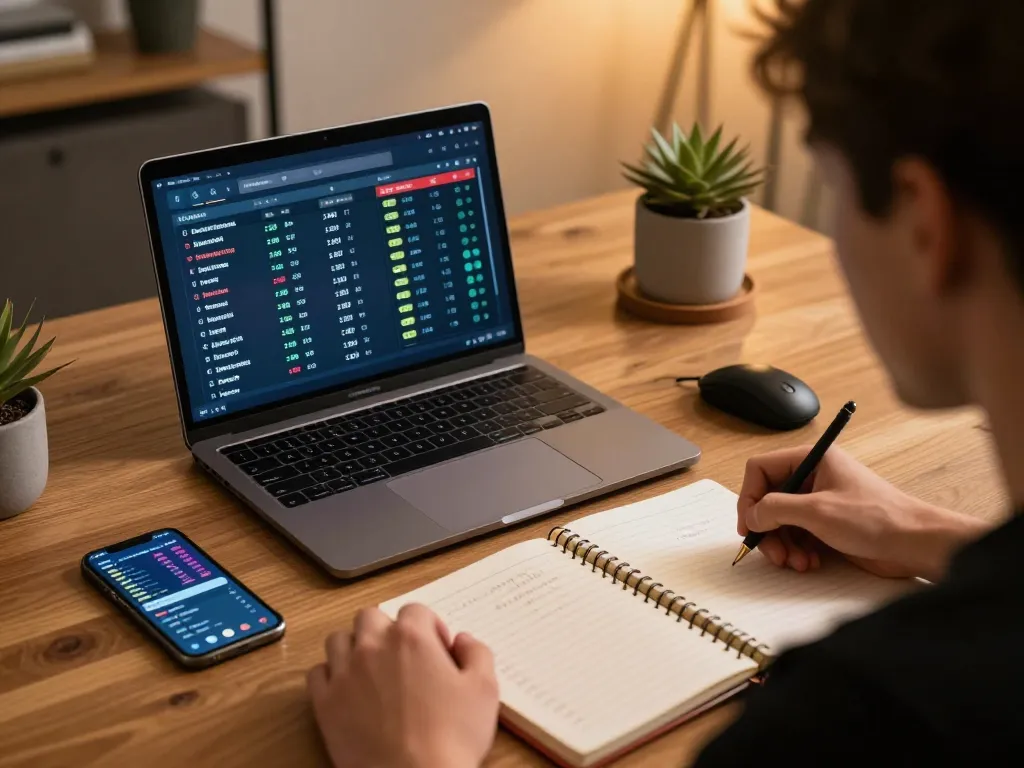 Betting on win68 with a laptop and notebook filled with strategies in a cozy home atmosphere