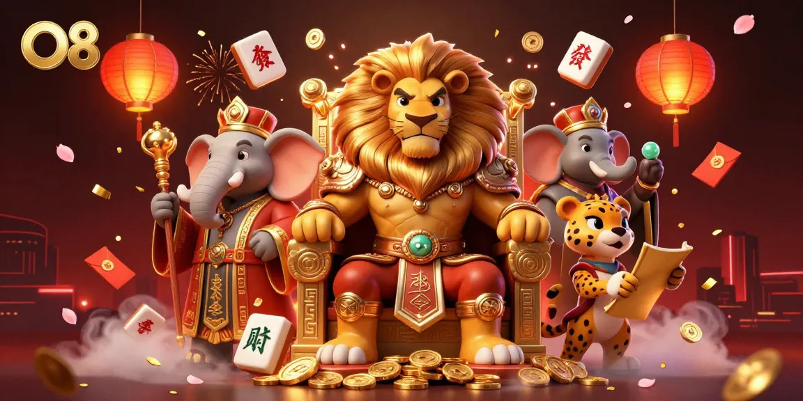 Experience O8’s vibrant casino world with a majestic lion king, elephant advisor, and cheetah messenger amidst rich casino elements.