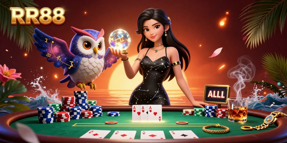Experience RR88's mystical casino atmosphere with a vibrant 3D poker scene featuring stunning characters and dynamic elements.