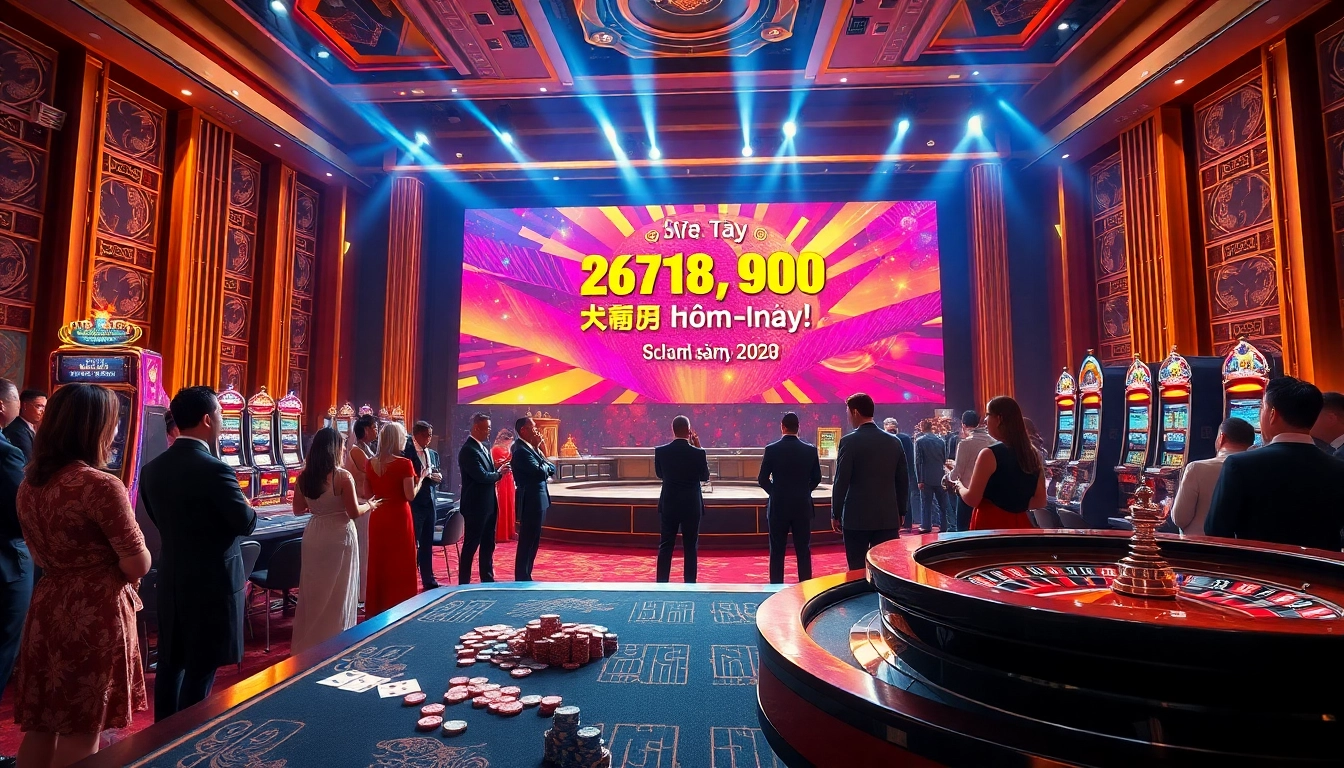 Kết quả xổ số hôm nay displayed in a luxurious casino setting featuring lively attendees and colorful lottery results.