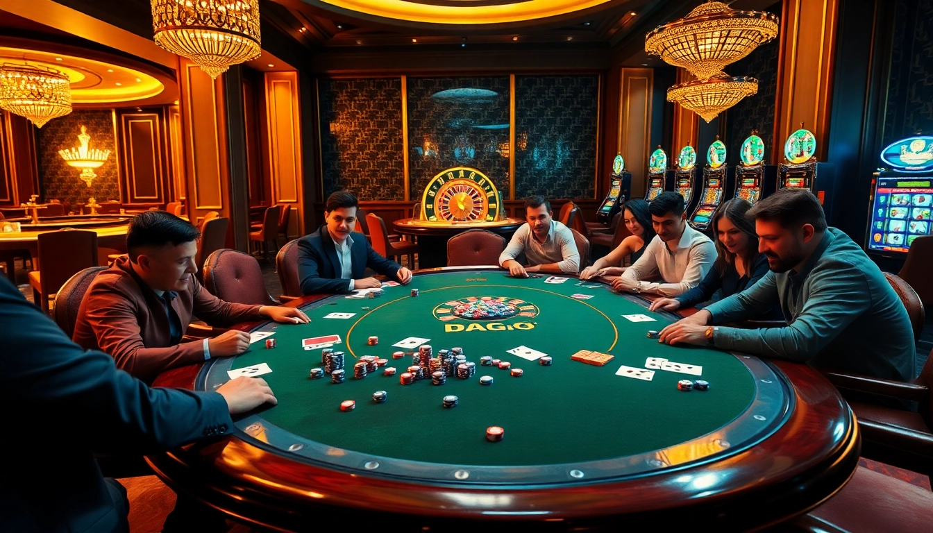 Daga poker game at a luxurious casino table with vibrant chips and cards.