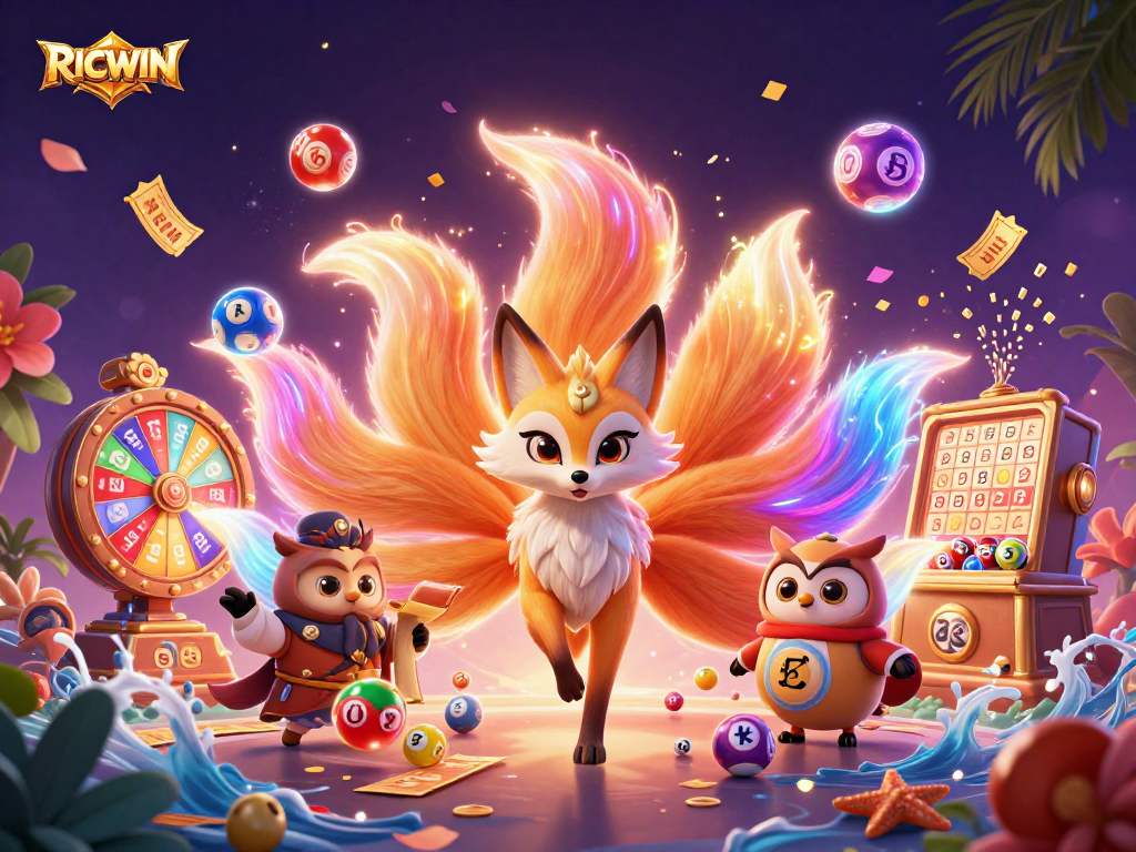 Engage with RICWIN through a vibrant lottery scene featuring colorful balls and magical characters.
