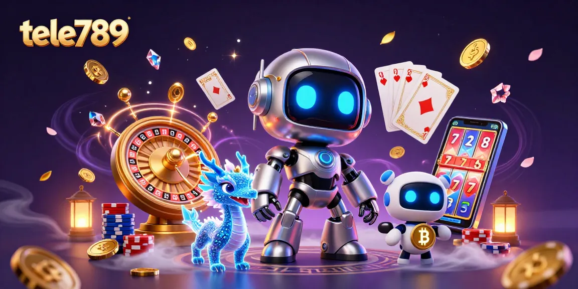 Engage with tele789's vibrant casino world, showcasing dynamic robot mascots and exciting gambling elements.