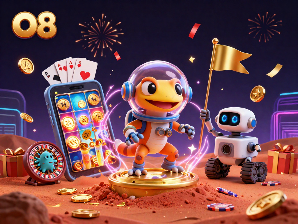 O8 showcases an exciting Martian casino adventure with the gecko, rover, and animated gaming elements.