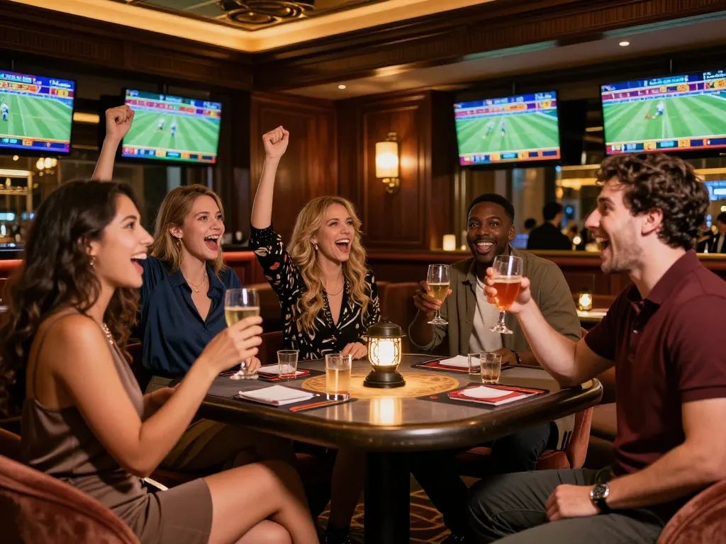 Friends celebrating sports betting at qq88 casino, vibrant atmosphere, drinks and screens.