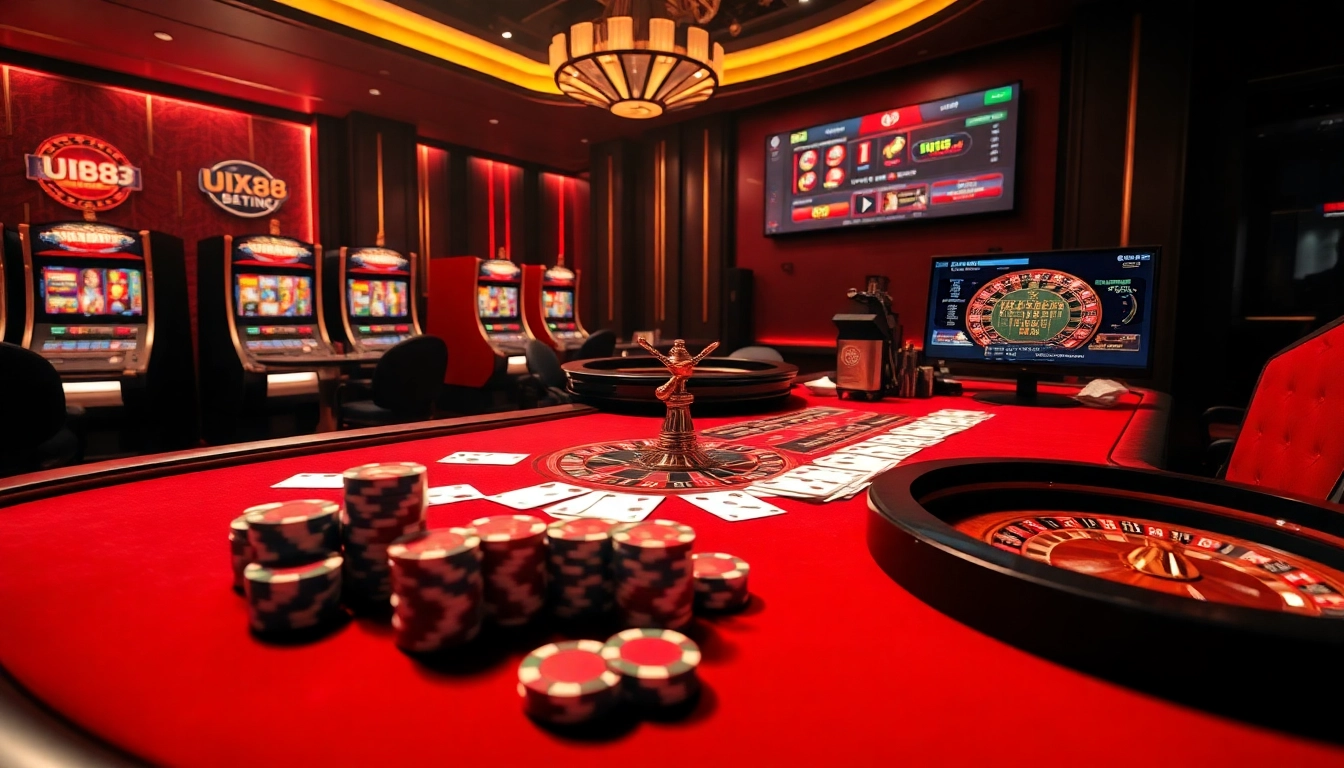 Experience the thrill of UU88 with a luxurious casino setting showcasing poker chips and slot machines.
