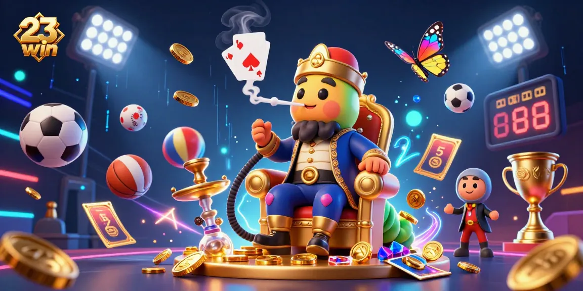 Experience the excitement of 23win with a vibrant 3D casino scene featuring sports balls and poker symbols.
