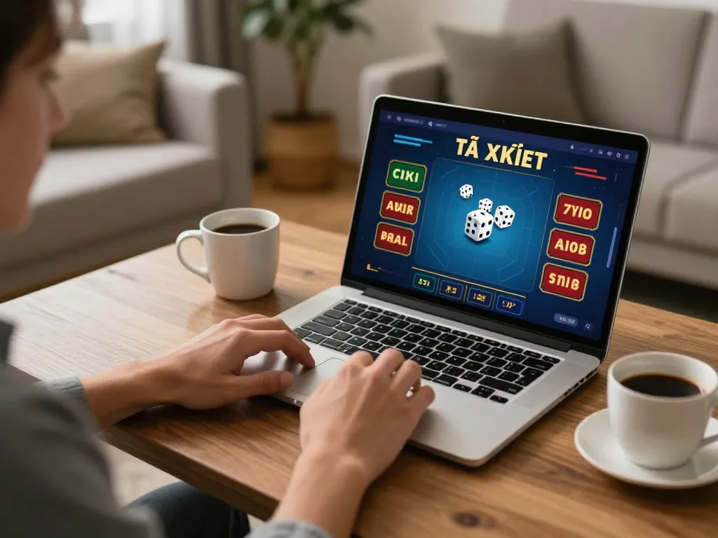 Tài xỉu online gameplay on laptop in a cozy home setting, engaging betting interface visible.