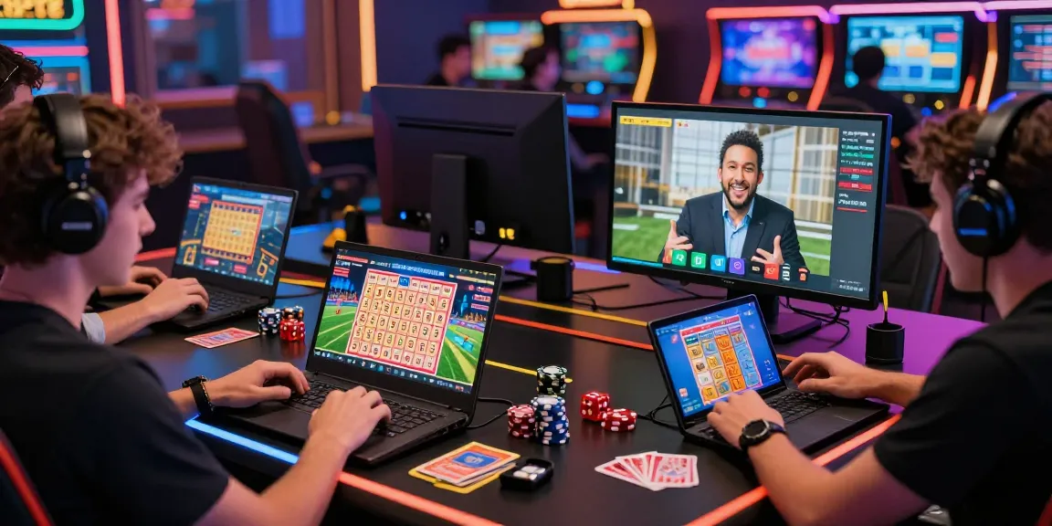 Engaged players enjoying XOSO66 online gaming on laptops at a vibrant casino setting.