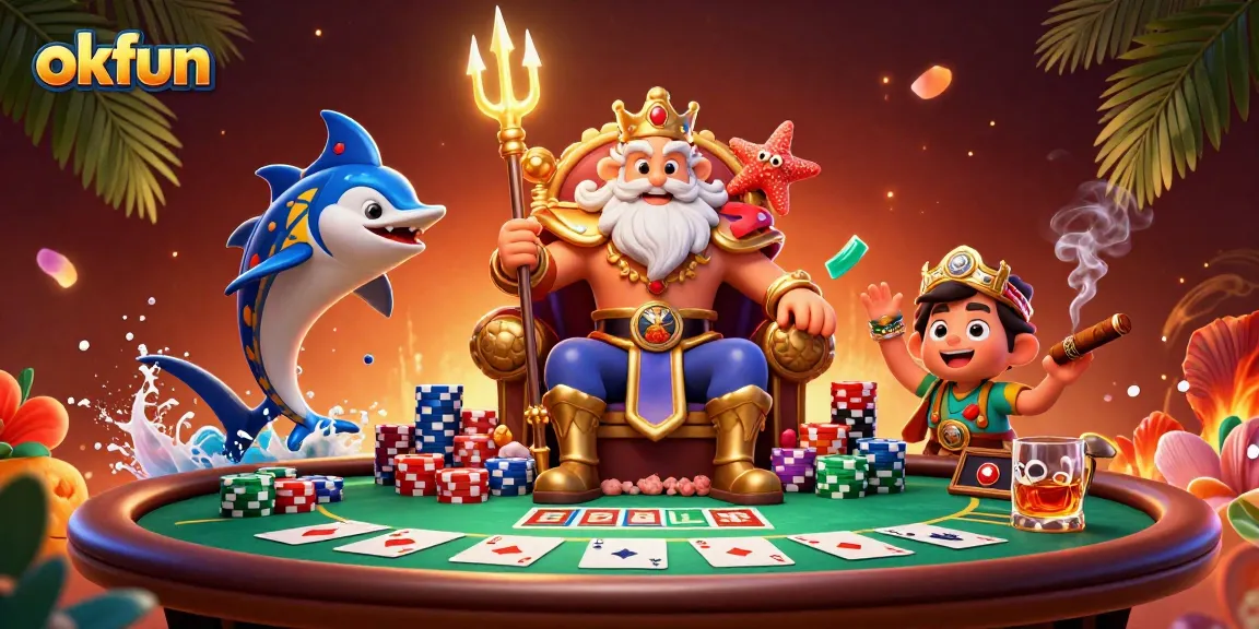 Play exciting poker games with okfun featuring a lively 3D sea king and vibrant casino elements.