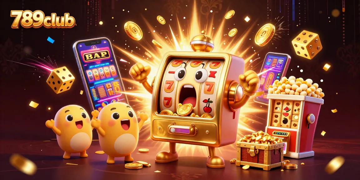Engage with the exciting world of 789club as gold coins burst from a golden slot machine, illustrating thrilling jackpot wins.