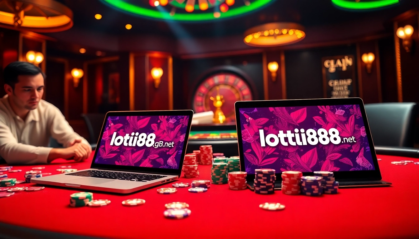Experience excitement at loto188.gb.net with a luxurious poker setup, vibrant casino atmosphere, and digital gambling devices.