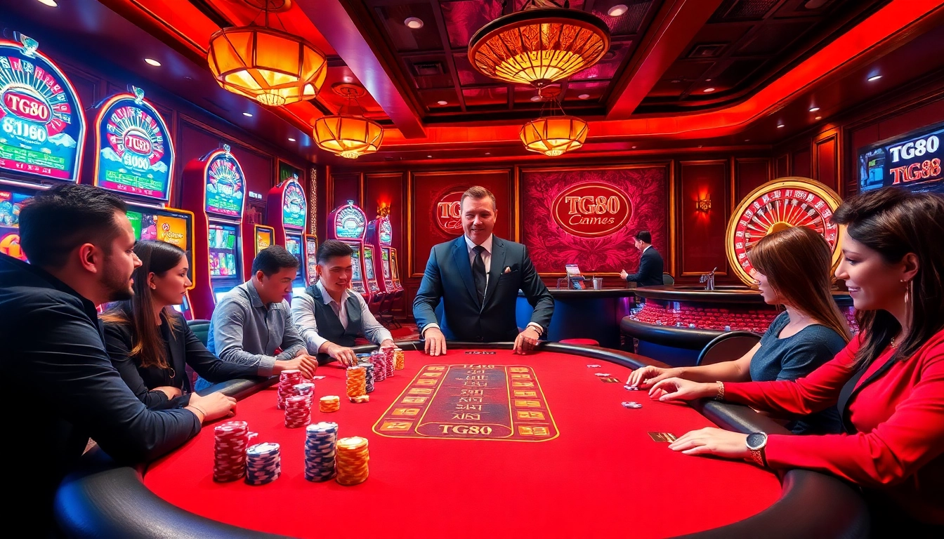 Engaging players at a TG88 poker table immersed in a high-stakes casino setting.