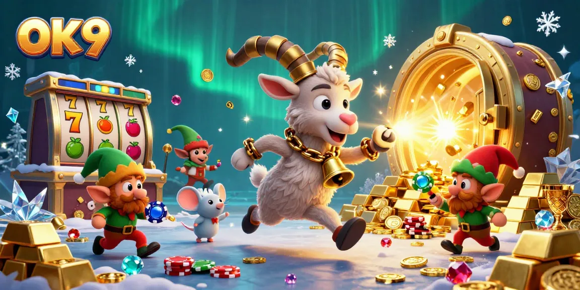 Engage with OK 9 in a festive casino with thrilling gameplay and characters, capturing the excitement of wins.