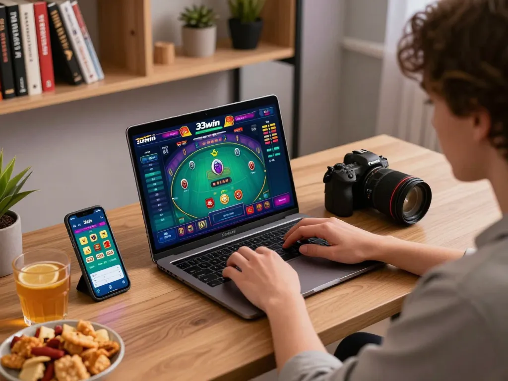 Player engaging with live dealer games on 33win from a stylish home setup, promoting responsible gambling.