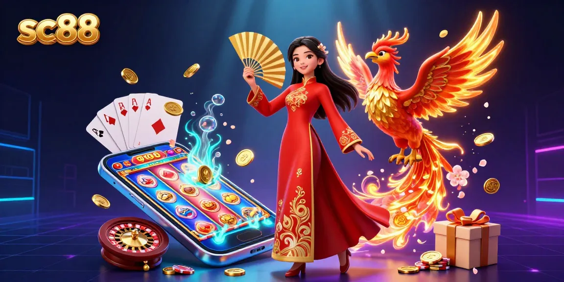 Engage with SC88's captivating online casino with a vibrant illustration featuring a woman in ao dai, phoenix, and dynamic slot game imagery.