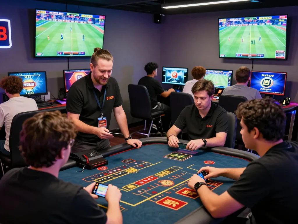 Exciting players engaged in fb88 đăng nhập at a modern online gambling venue, showcasing diverse games and technology.