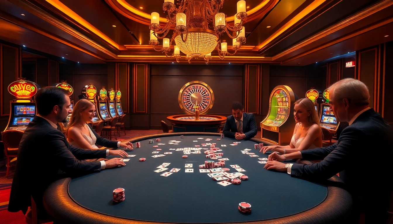 Excited players enjoy high-stakes poker at a luxurious casino table on ok365 com.