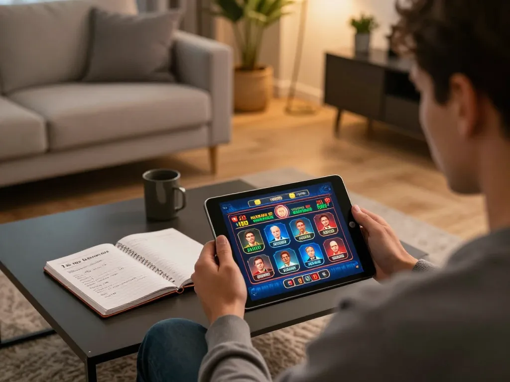Engaged user on ee88go tablet enjoying online casino games in a cozy home setting