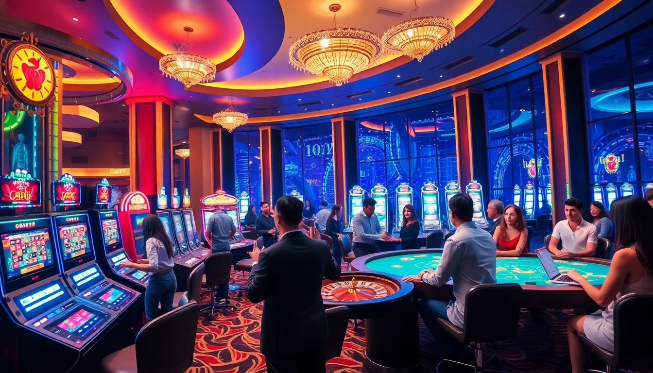 Gamblers enjoying excitement at nhà cái 13win casino tables, featuring vibrant slot machines and poker action.