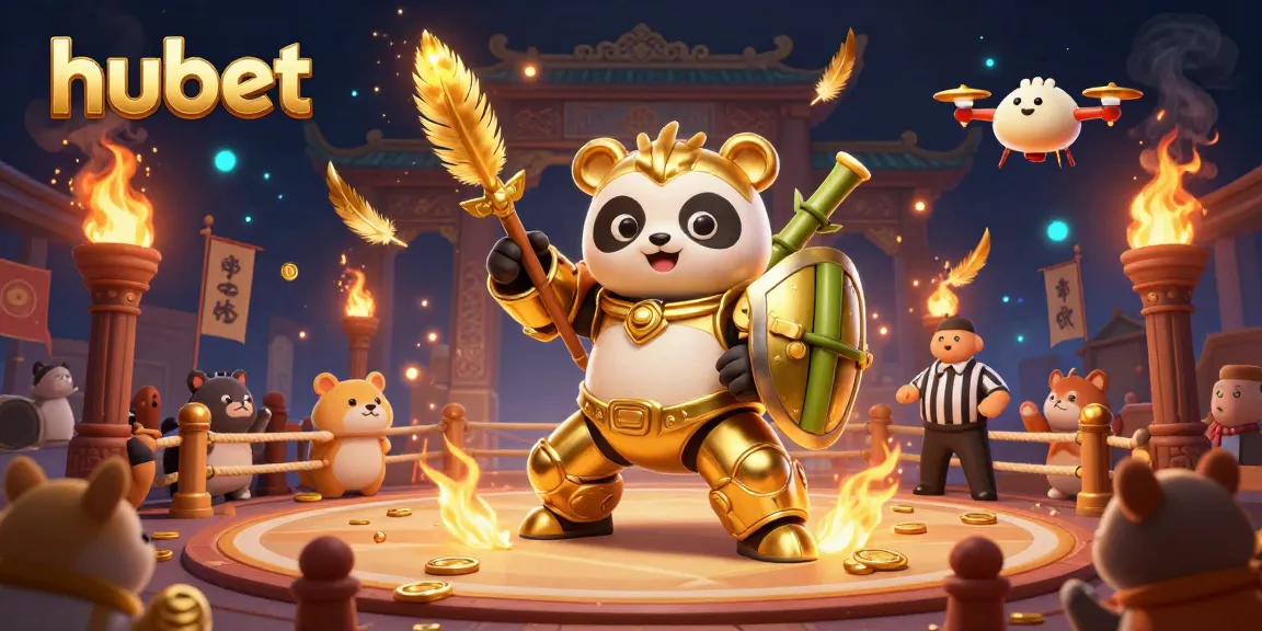 Bet on a thrilling game with hubet's mech-suit panda and bamboo robot in a vibrant casino arena.