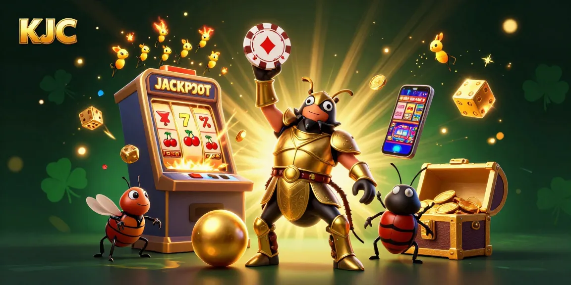 KJC showcases a victorious hercules beetle amidst a vibrant casino jackpot scene filled with rich gaming elements.