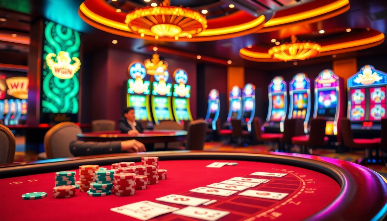 78WIN casino ambiance with active players at poker and slot machines for an engaging gambling experience.
