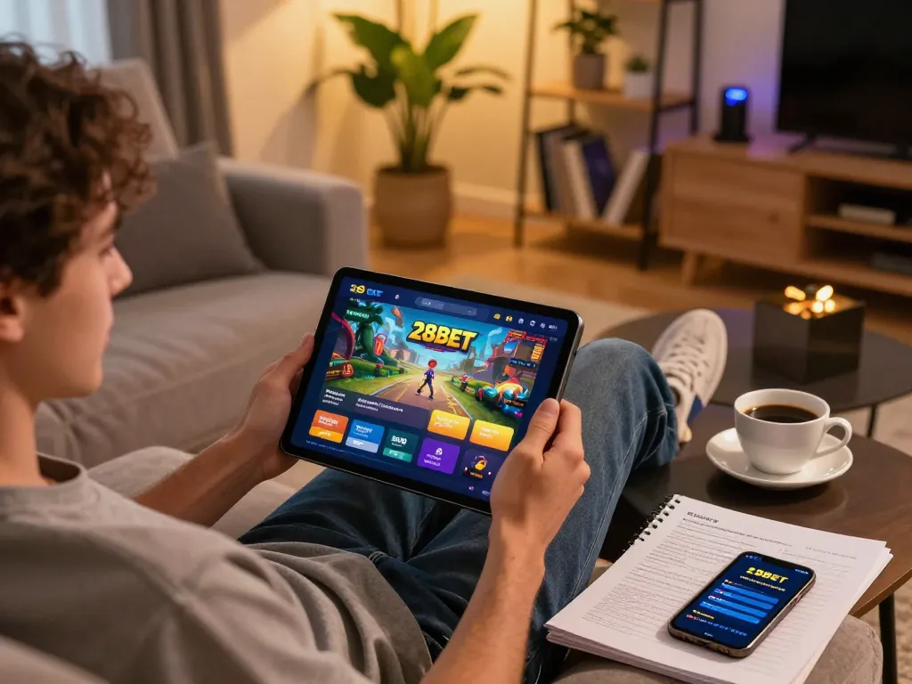 Engaging mobile gaming session at home with 28BET app, showcasing a comfortable atmosphere and strategic preparations.