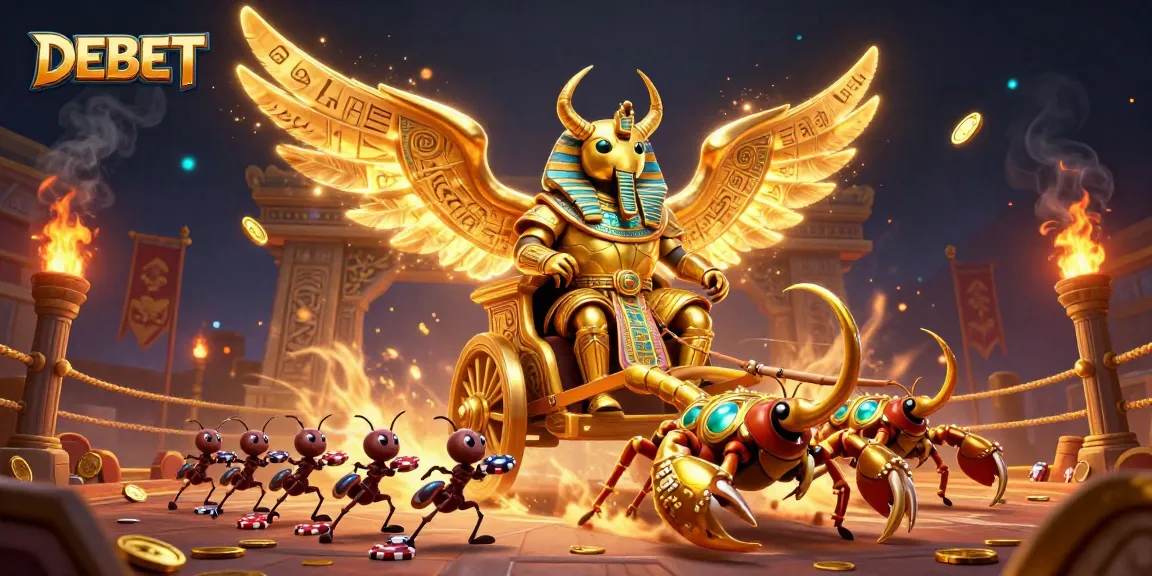 Engage with DEBET in a vibrant 3D cartoon scene filled with golden treasures and gambling excitement.