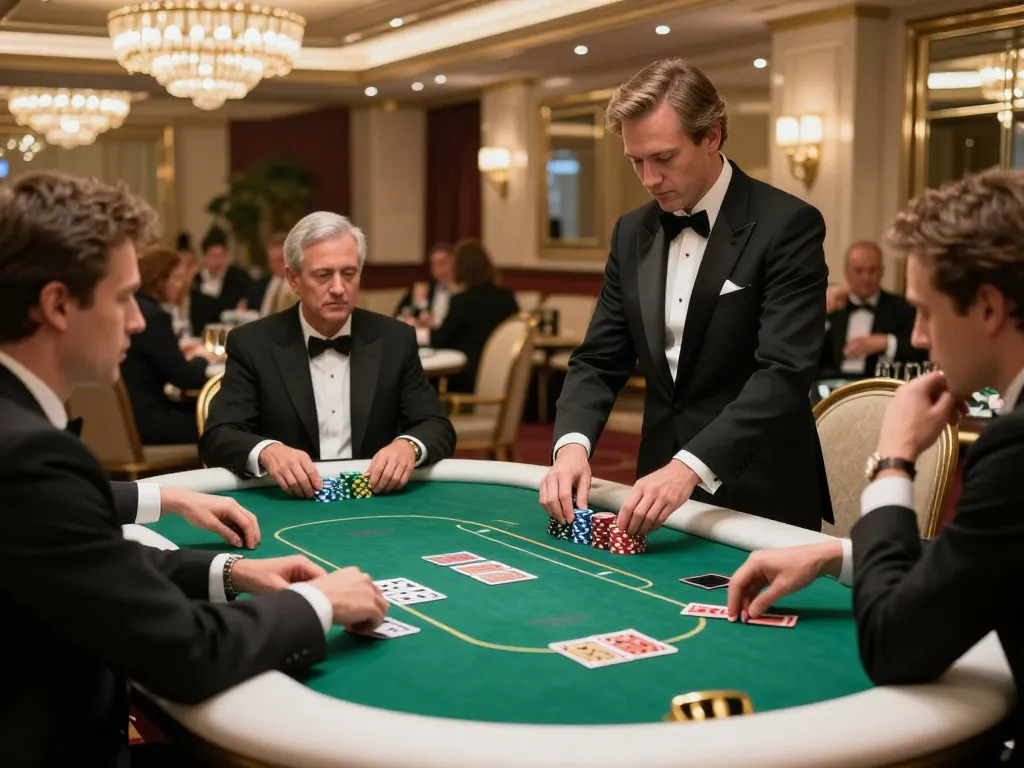 Players strategizing in an upscale poker game at 888b's exclusive VIP casino area.
