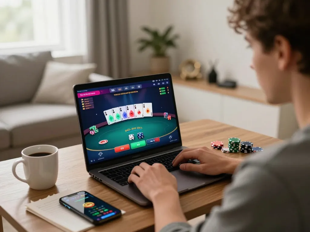Engaged player enjoying poker on laptop from home, showcasing hitclub online gambling experience with strategic gameplay.