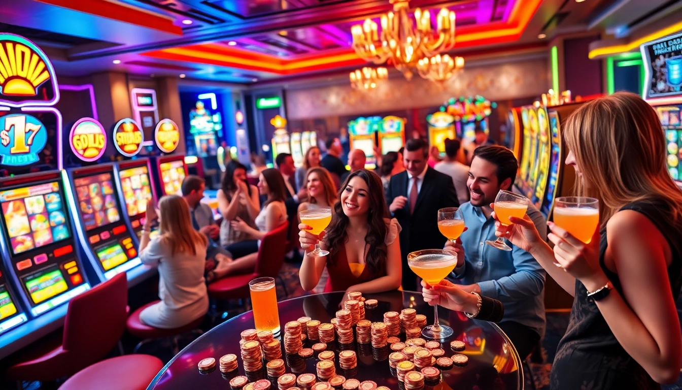 Excited players celebrating a win at slot gacor machines in a vibrant casino scene.