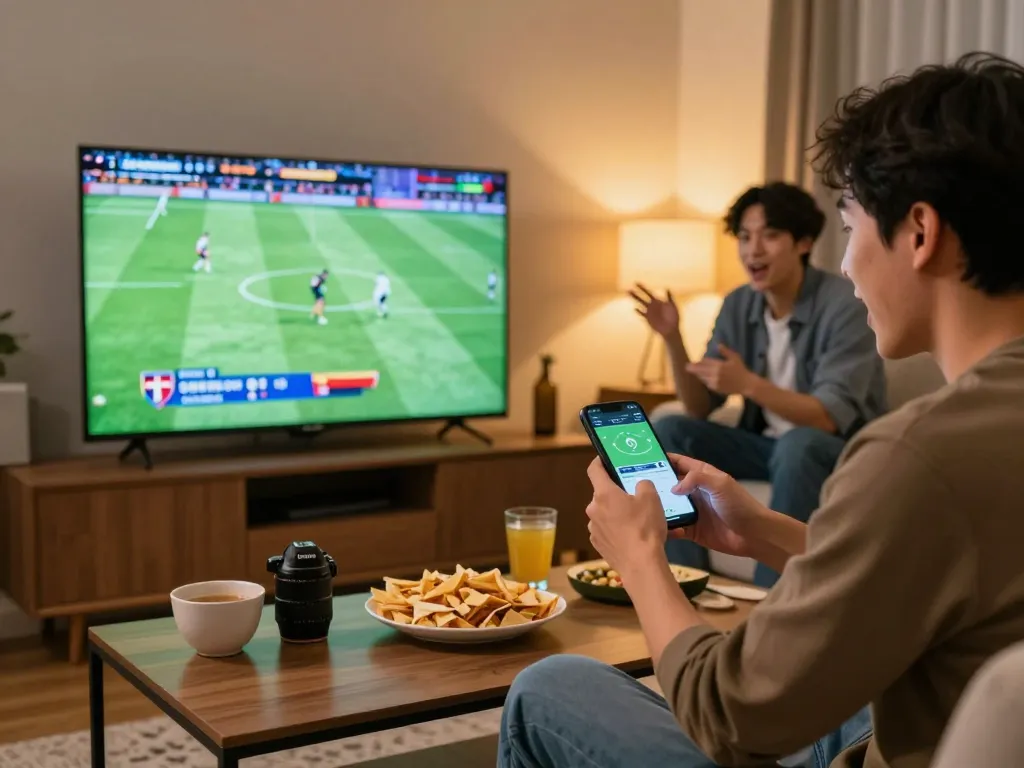 An excited user places a sports bet on keobongda while watching a live football match at home.