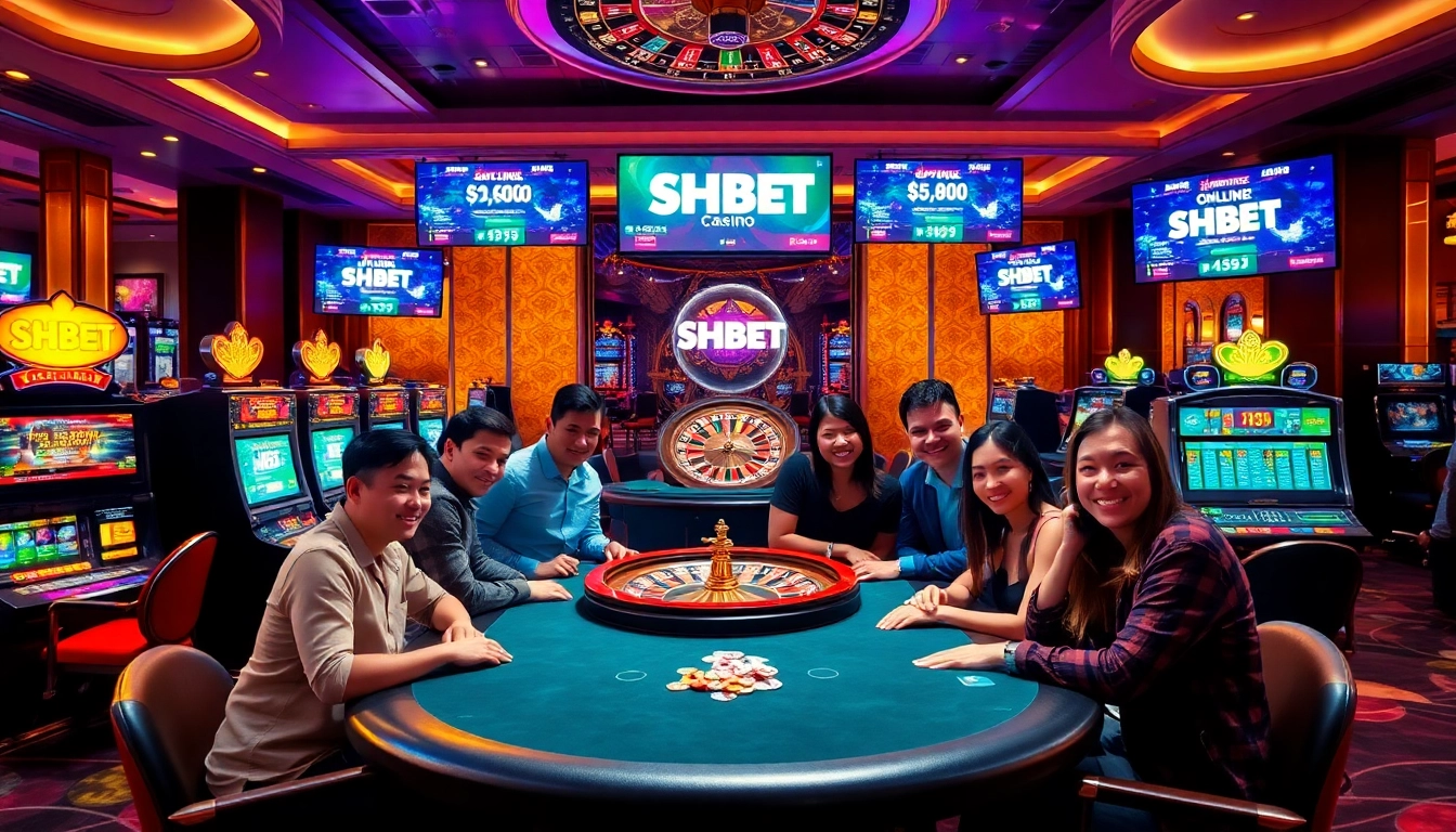 Experience the excitement of SHBET with a vibrant casino scene full of slot machines and poker players.