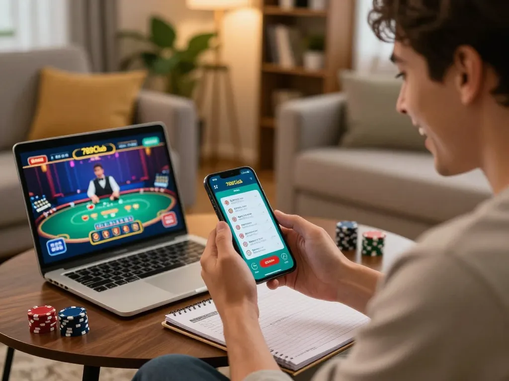 Engaged player using the 789Club app for online betting in a cozy home setting