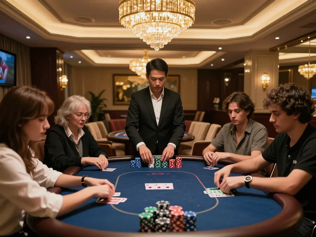 Experience high-stakes excitement at https://go8s.bio/ in a luxurious poker room, showcasing an intense game.