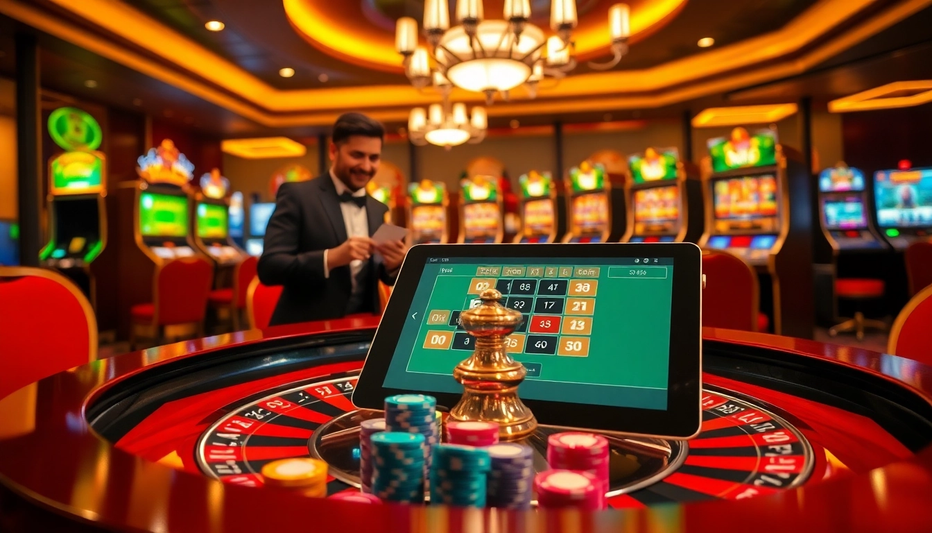 Engaging gamblers at thabet com with a vibrant casino scene featuring roulette and a lively atmosphere.