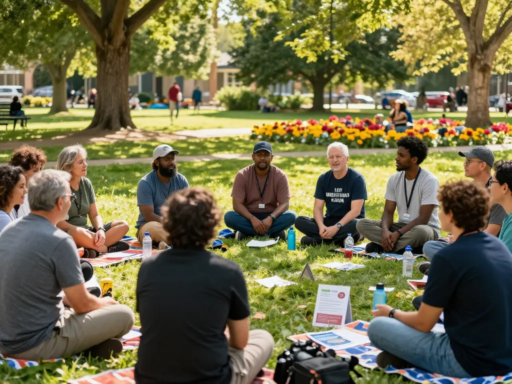 A supportive community event for men at a park, showcasing manclub members sharing experiences and promoting mental health awareness.