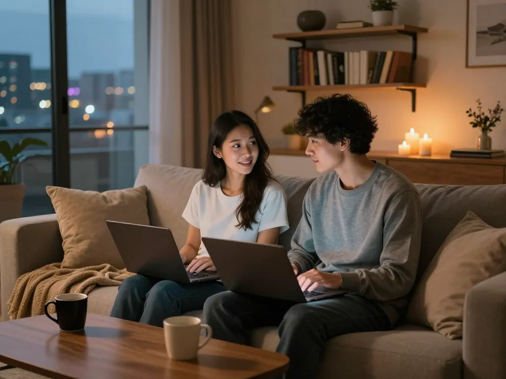 Couple enjoying an intimate ai sex chat on the sofa, cozy atmosphere with ambient lighting.