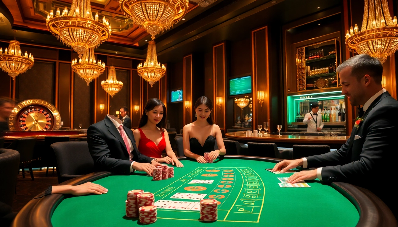 Players enjoying a thrilling blackjack game at vmax.jp.net with vibrant chips and elegant decor.