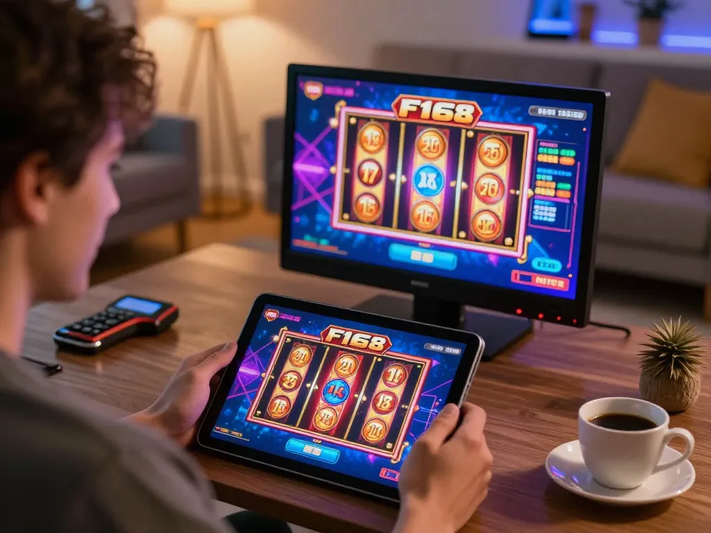 Engaging player enjoying F168 online casino experience on tablet with colorful games in view