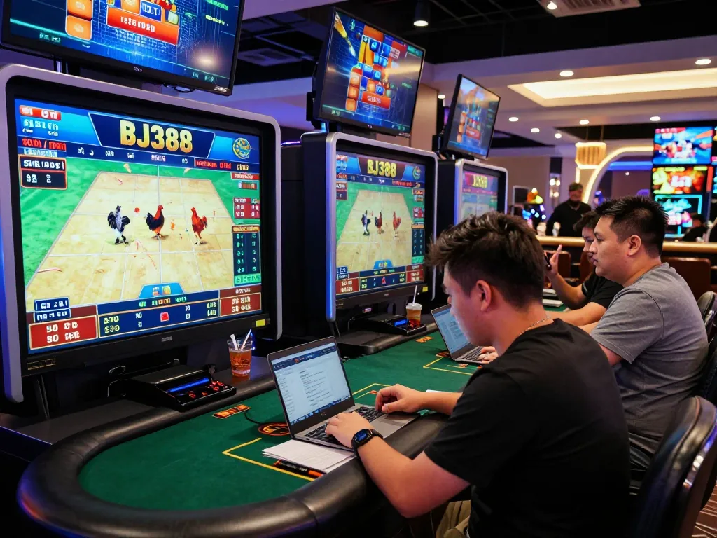 Engaging scene of players at BJ388 online gambling platform, featuring live betting on chicken fights and an exciting atmosphere.