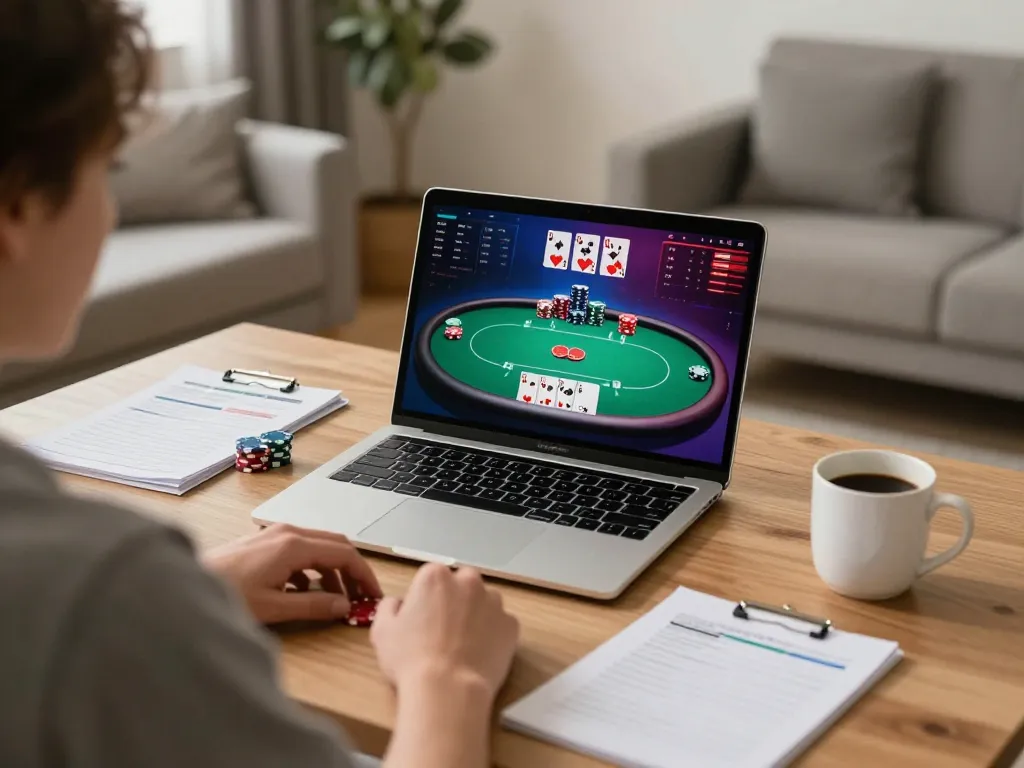 Player enjoying Fun88 poker game with strategic notes in cozy home office setting