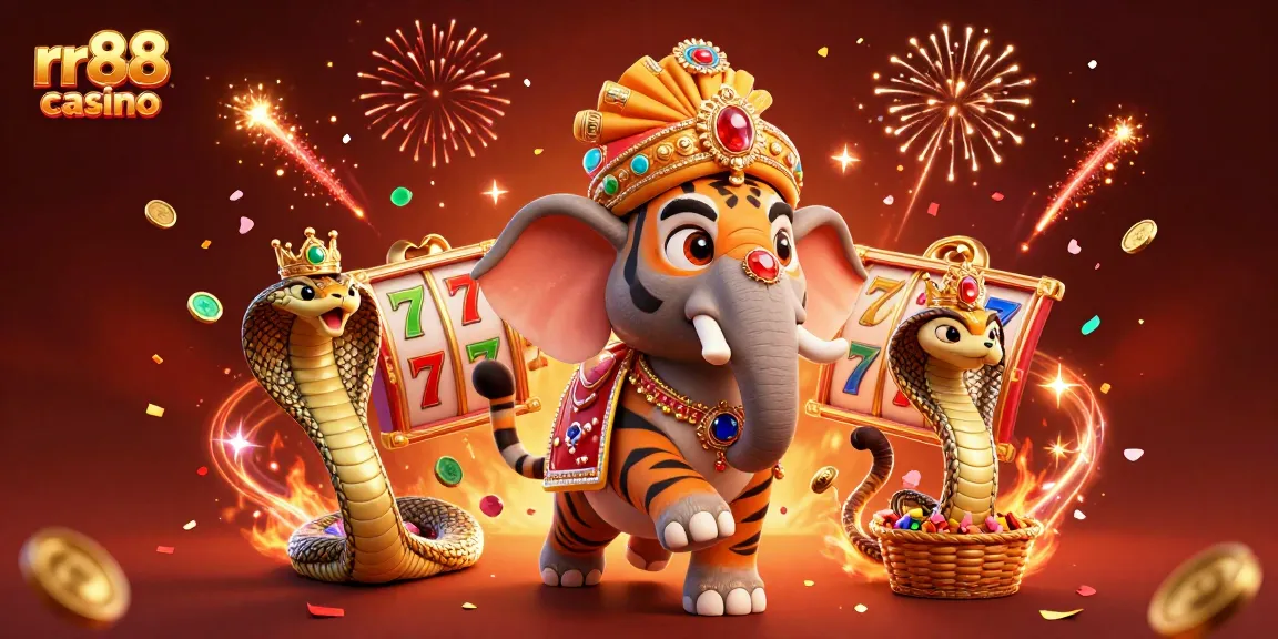 Experience thrills with rr88 casino's vibrant scene showcasing a maharaja and elephant, surrounded by slot reels.