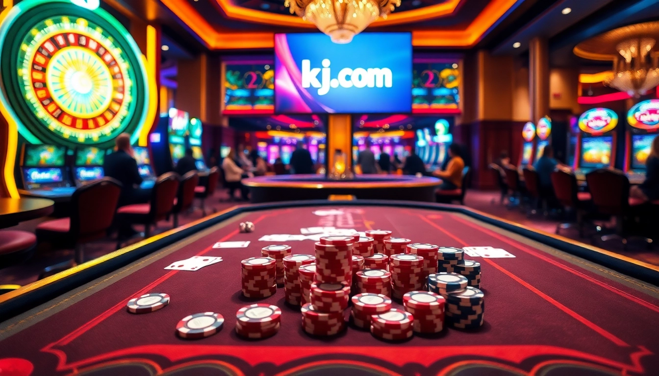 Experience the thrill of gaming at kjc.com with vibrant poker chips and engaging tables in an upscale casino setting.