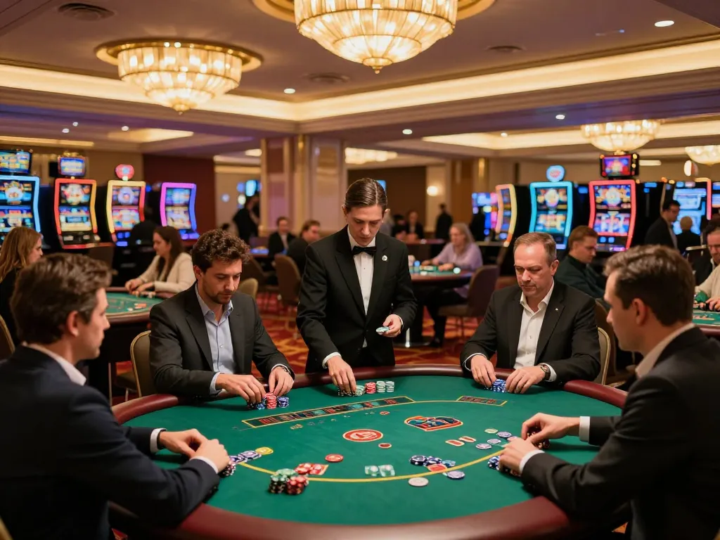 Players reveling in all the action at 123B blackjack tables under warm casino lighting.